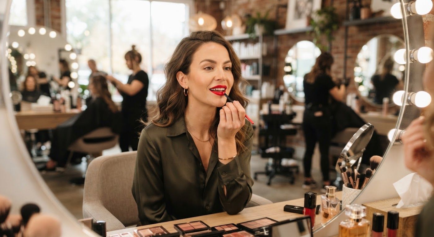 Woman applying vibrant lip makeup in salon