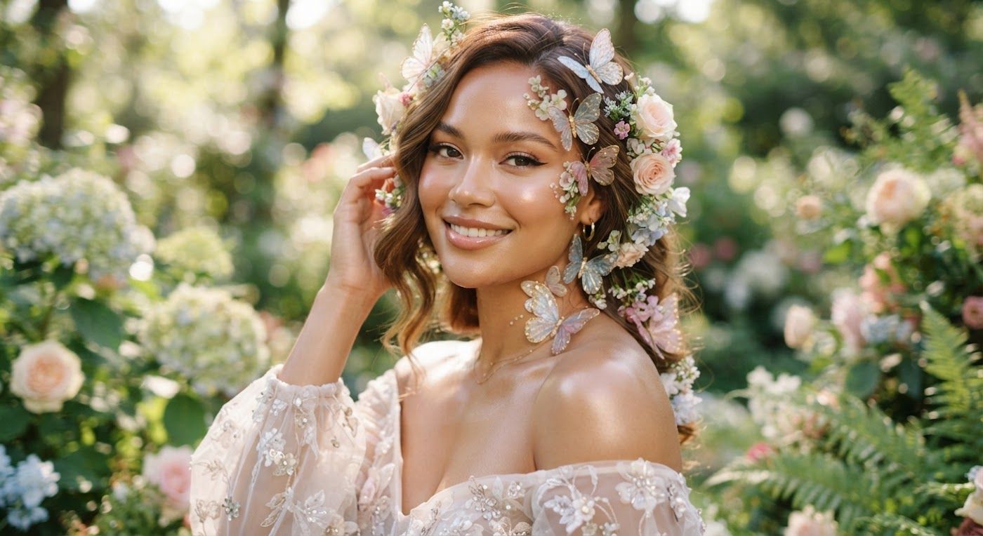 Beautiful model with glowing skin and floral butterfly adornments
