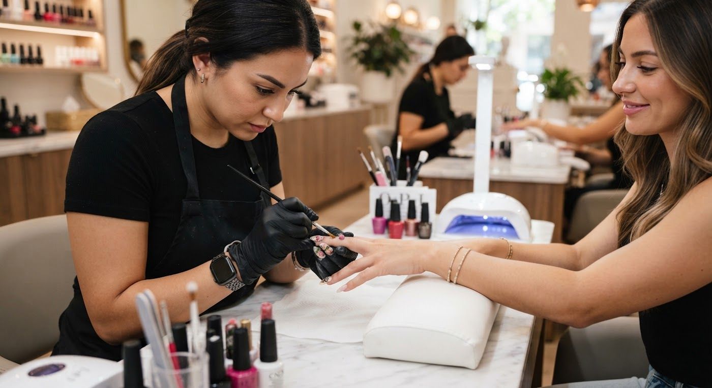 Nail art and extensions being applied